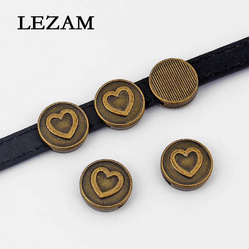 

10pcs Antique Bronze Round Charms Heart Flat Slider Beads Spacer For 10mm Flat Leather Cord Bracelet Bangle Jewelry Findings