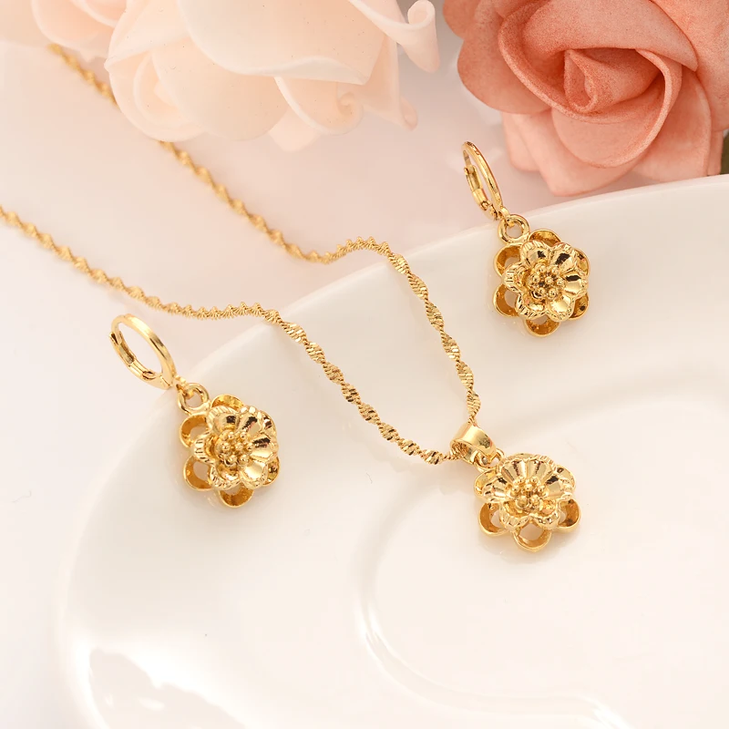 Bangrui Ethiopian Gold Color Flower Set Jewelry Pendant Chain Earrings African Bride Wedding Bridal  Flower Bijoux Wife Gifts