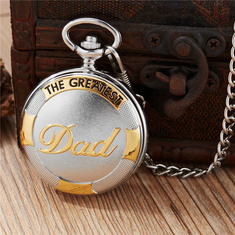 New Silver Golden Luxury Dad Father's Quartz Pocket Watch Roman Numerals Pendant Necklace Fob Chain best father's day Gift