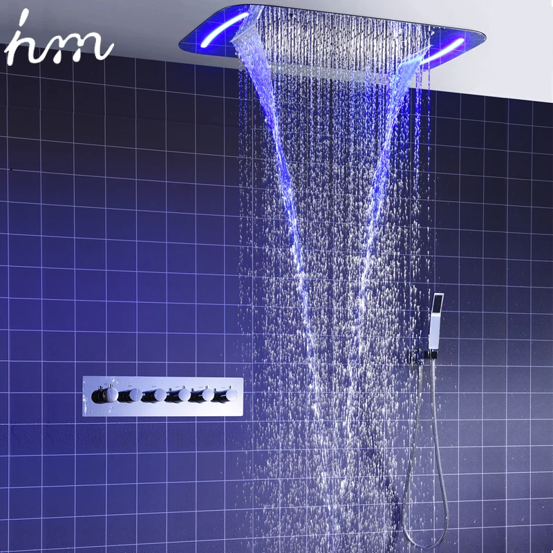 

hm Luxury Rain LED Shower System Ceiling 5 Functions Waterfall Rainfall Shower Set Bathroom Thermostatic Mixer Diverter Faucets