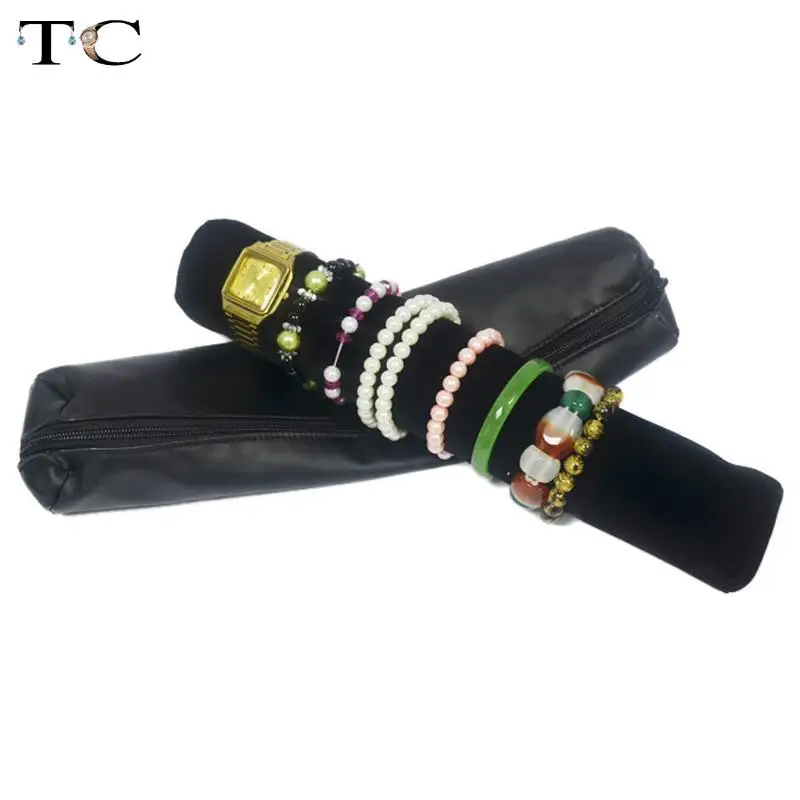 

Кожзам сумка на молнии с черной бархатной подушкой, барные часы, Чехлы, держатель браслета, органайзер для ювелирных изделий, дорожные сумки в рулоне