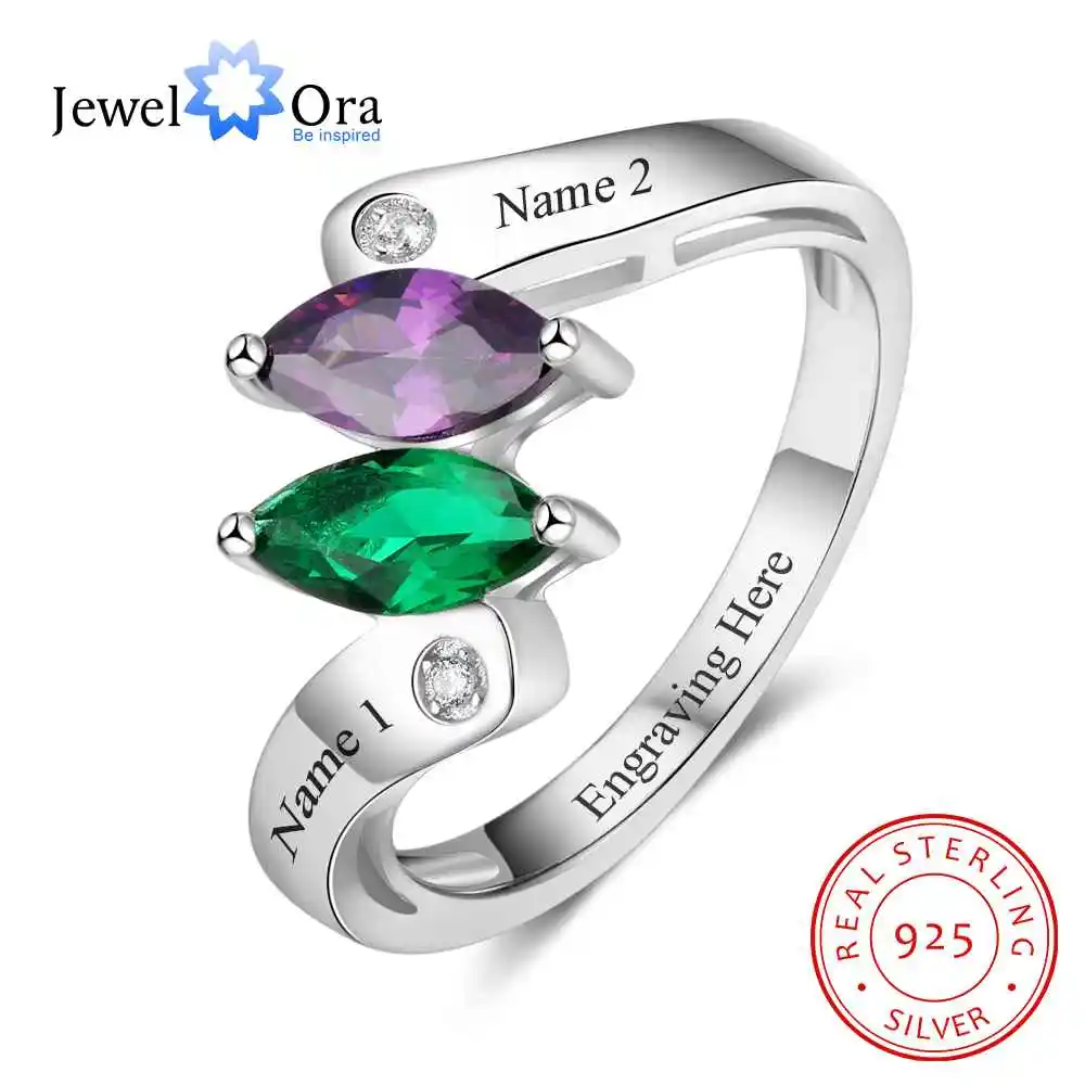 Personalized Birthstone Custom Engrave 2 Names Promise Rings For Women 925 Sterling Silver Anniversary Gift (JewelOra RI103270)