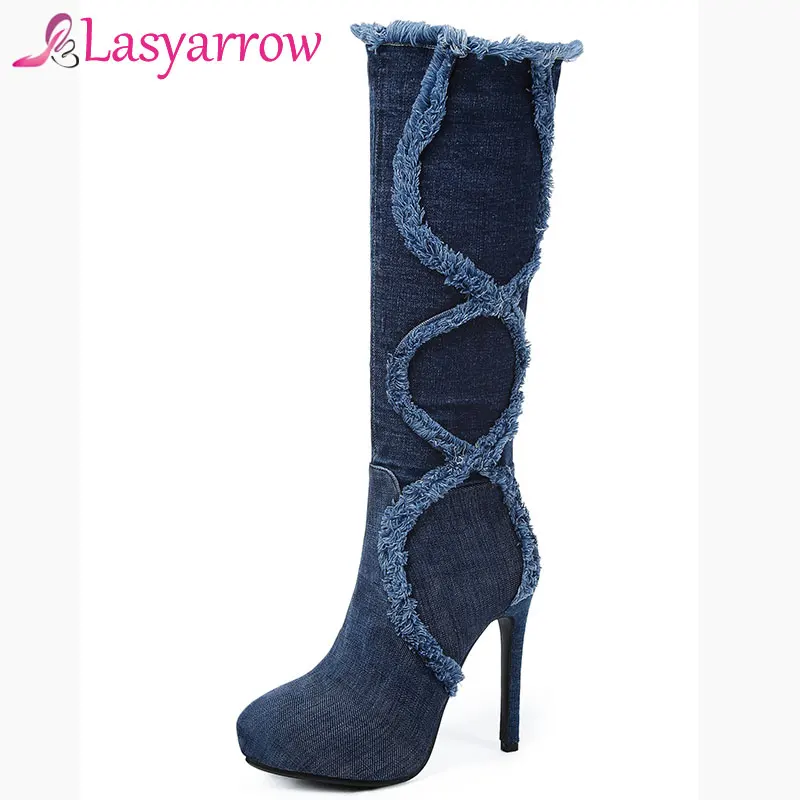 

Lasyarrow Fashion 2018 Women's Shoes Autumn Winter High-heeled Zip Denim Knee High Boots Tassel Stiletto Jean Shoes Woman F340