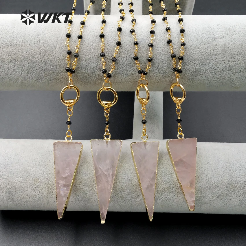 

WT-N957 Wholesale Custom Natural Triangle Pink Quartz Pendant Necklace With Gold Electroplated Black Bead Chain Jewelry