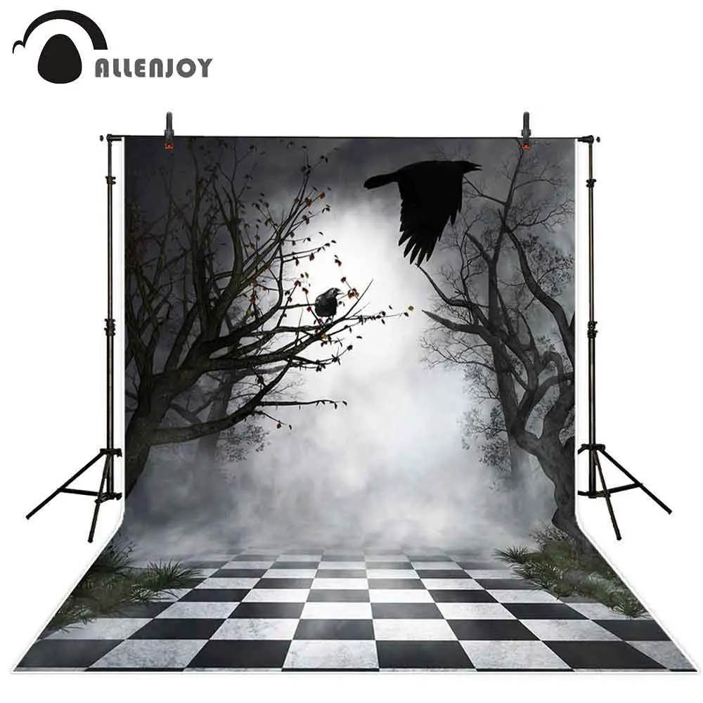 Allenjoy photophone backdrops Halloween Night fog tree bird horror lattice floor grass photography backgrounds photocall props