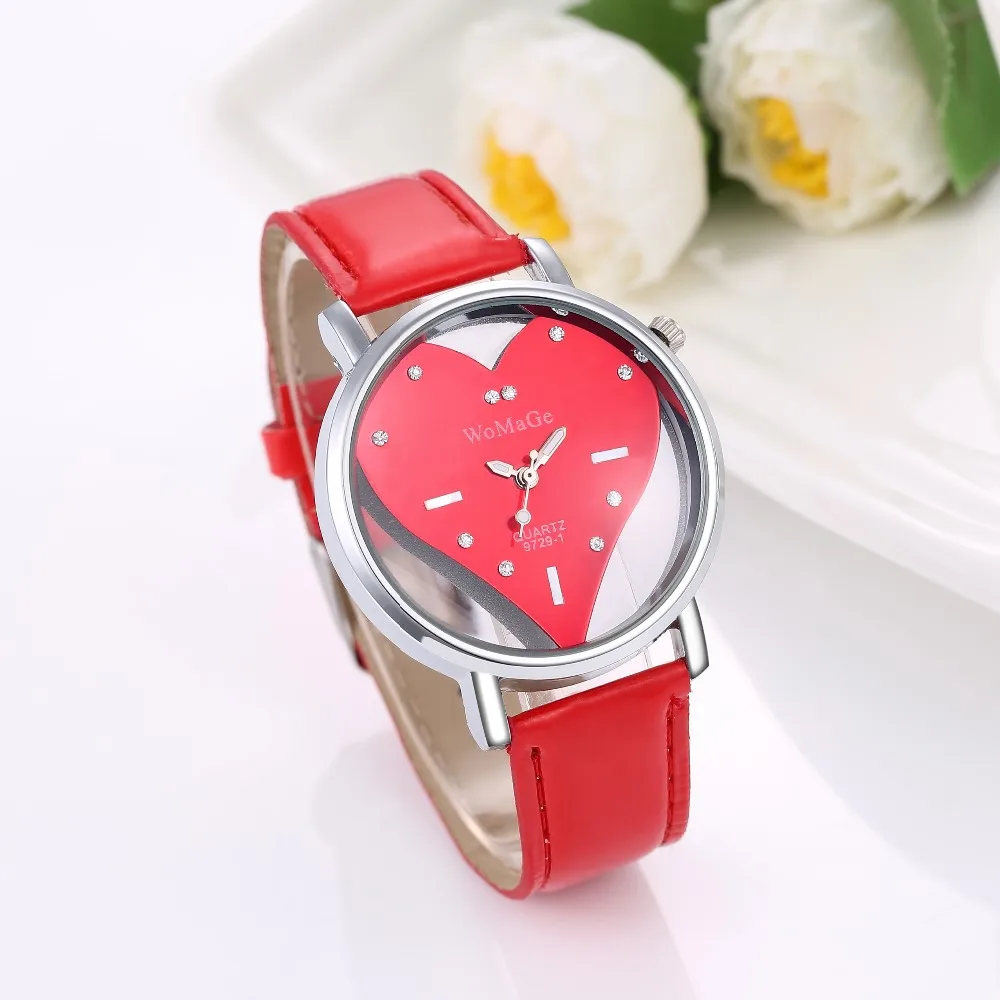 

WoMaGe Fashion Crystal Wrist watches Heart Shaped Watch Women Watches Leather Women's Watches Clock bayan kol saati reloj mujer