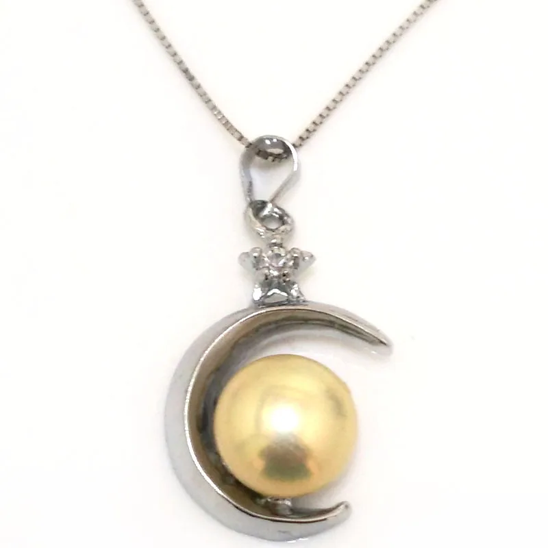 18 inches 10-11mm Natural Lavender Button Pearl Moon Style Sterling Slver Pendent Necklace