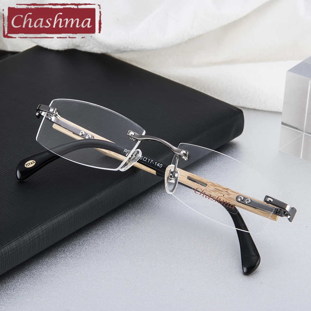 Chashma Brand Pure Titanium Frame Bamboo Wood Prescription Glasses RX Men Rimless Wooden Eyeglasses