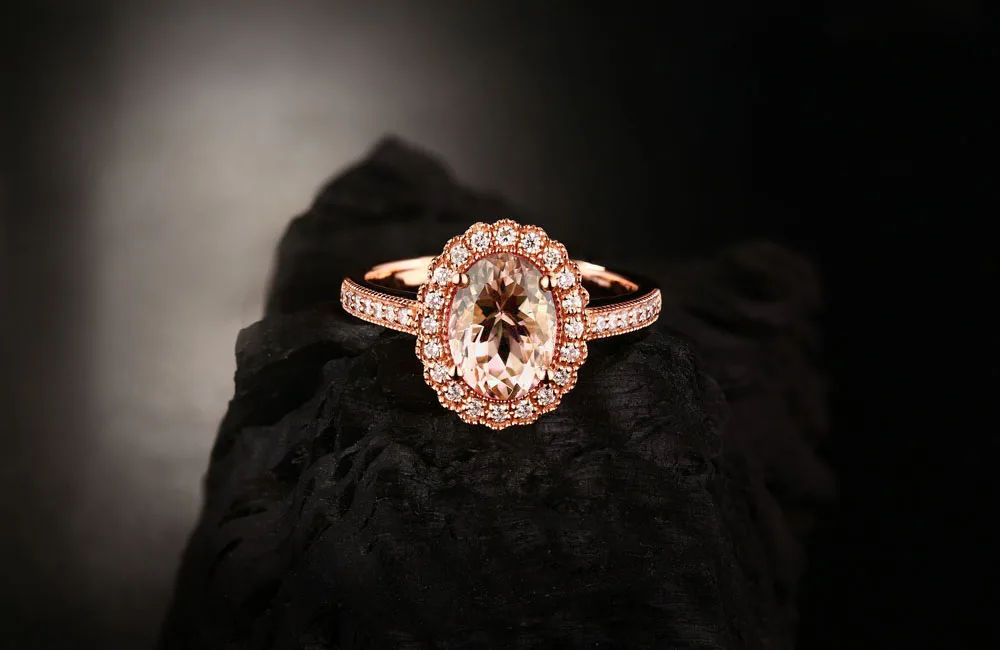 14K różowe złoto 1.76t naturalne Morganite & 0.28ct diamenty Mligrain zaręczynowy klasyczny pierścionek