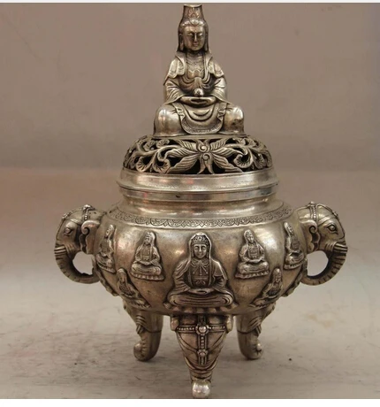 Copper Brass CHINESE crafts decor ation Asian   China branco Bodhisattva incenso queimador de incenso de cobre