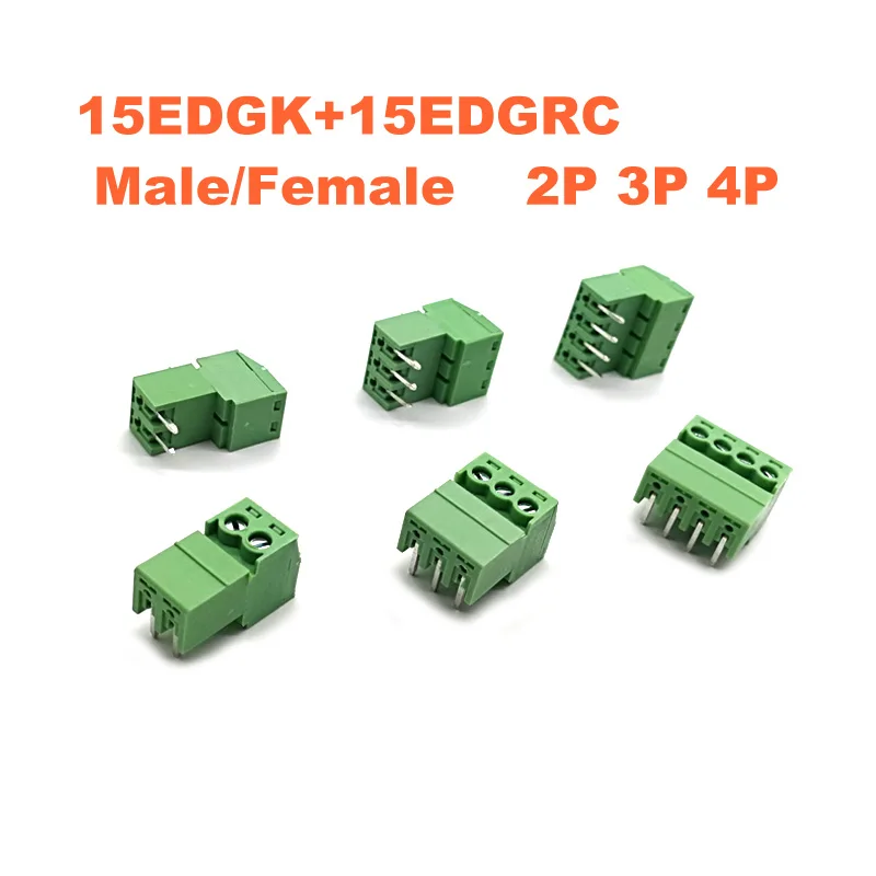 50pcs Pitch 3.81mm Screw Plug-in PCB Terminal Block 15EDGK Right Angle Pin 2P 3P 4P Male/Female Pluggable Connector Morsettiera