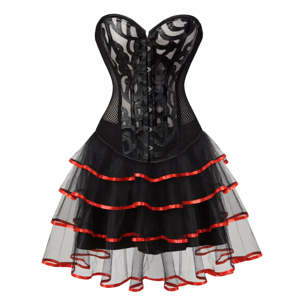 Sapubonva victorian bustier corset dresses up costumes gothic burlesque corset and skirt set floral lace for women plus size