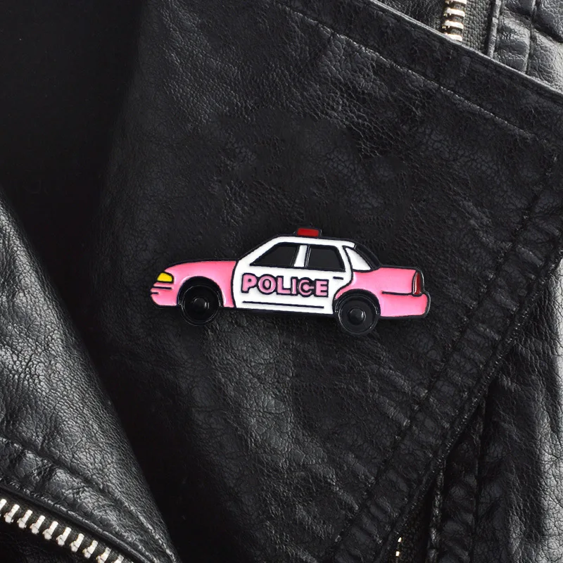 Pink police car enamel pin Cute vintage car badge brooch Lapel pin Denim Jeans shirt bag Cartoon Jewelry Gift for friends kids