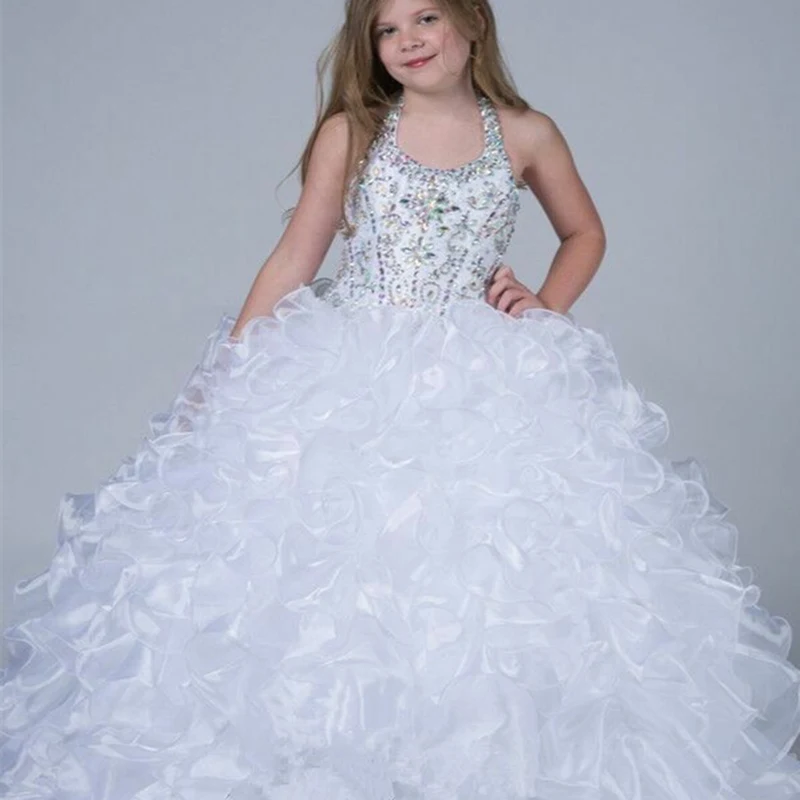 

Custom Made Flower Girl Dress White Crystal Beading Chiffon Cascading Girls Pageant Dresses Holy Communion Party Dresses