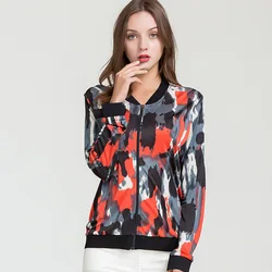 90% Silk Printed Jacket, Long Sleeve Zipper Cardigan, Women's Casual Jacket, Silk Baseball Suit