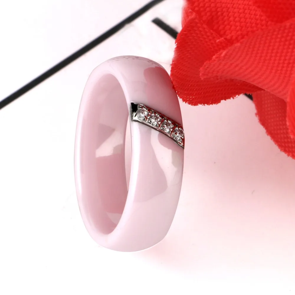 Fashion Pink Ceramic Rings For Women Smooth Surface Inlaid Zircon Women Ring Stainless Steel Wedding Engagement Gift bague femme