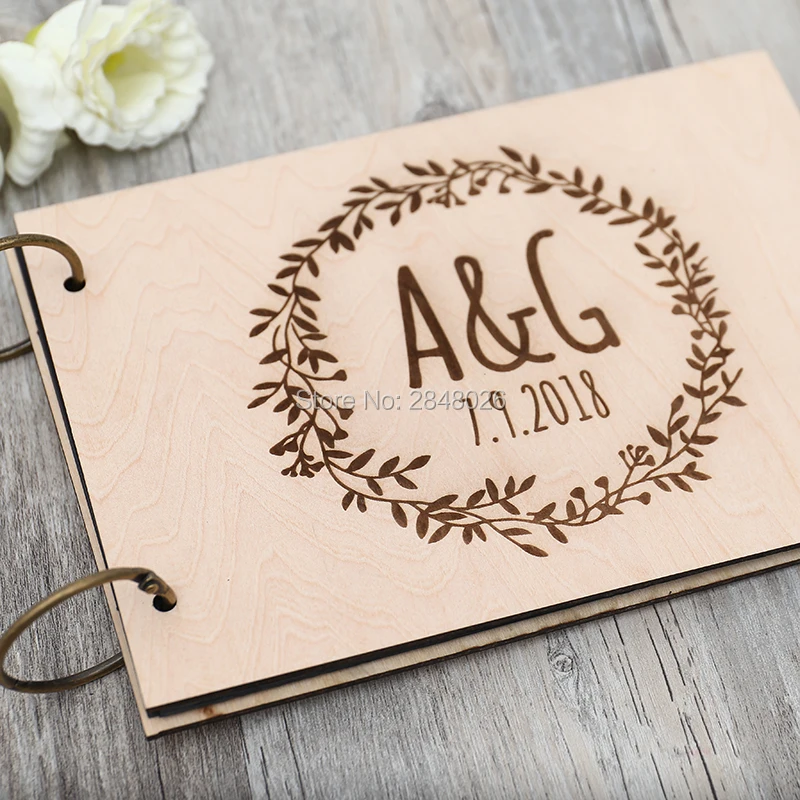 Rustic engraved initialswedding guestbook,Custom Mr & Mrs wooden Wedding guest book, personalized wreath photo album