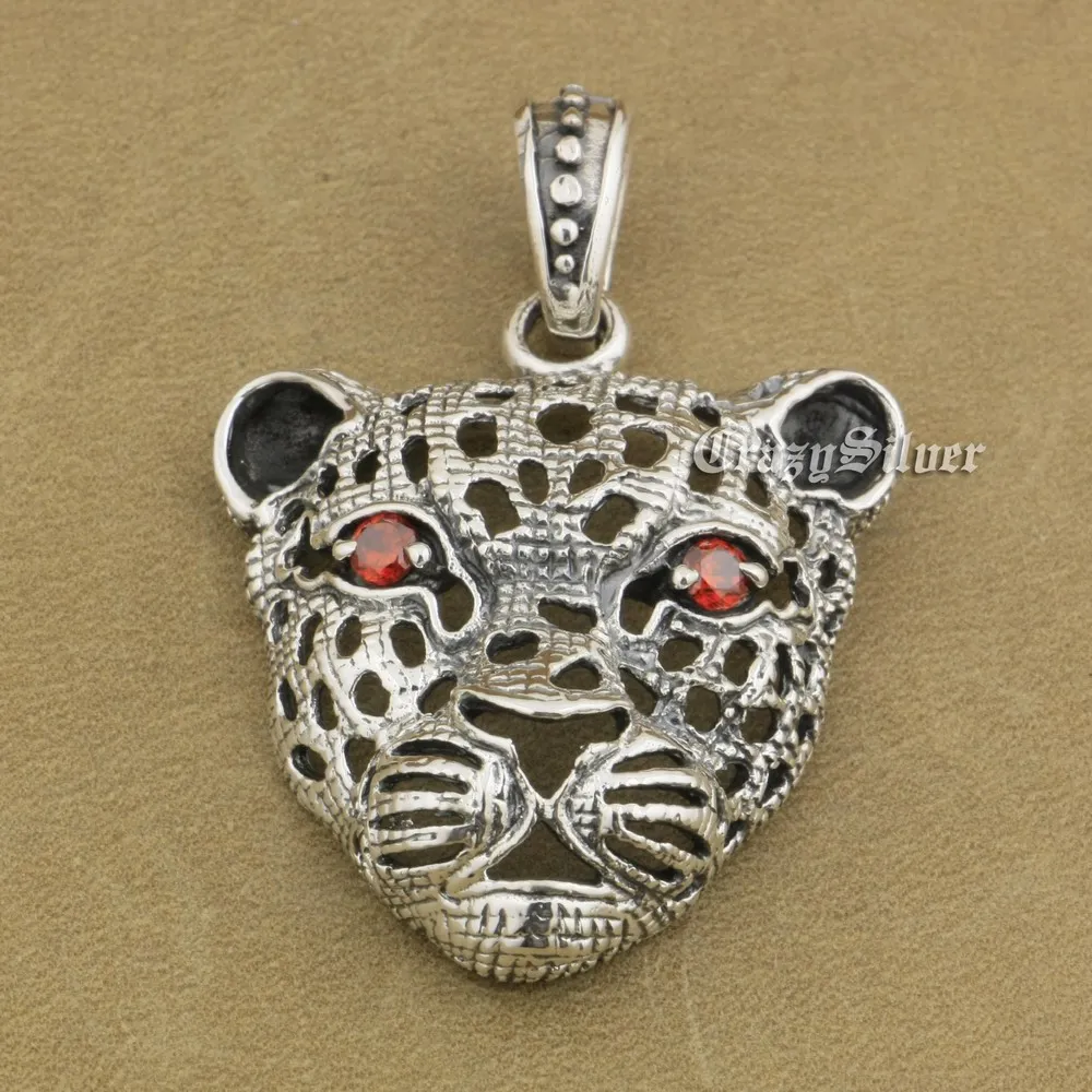 

Red CZ Eyes Hollowed Leopard Biker Punk 925 Sterling Silver Pendant 8A036 Necklace 26"