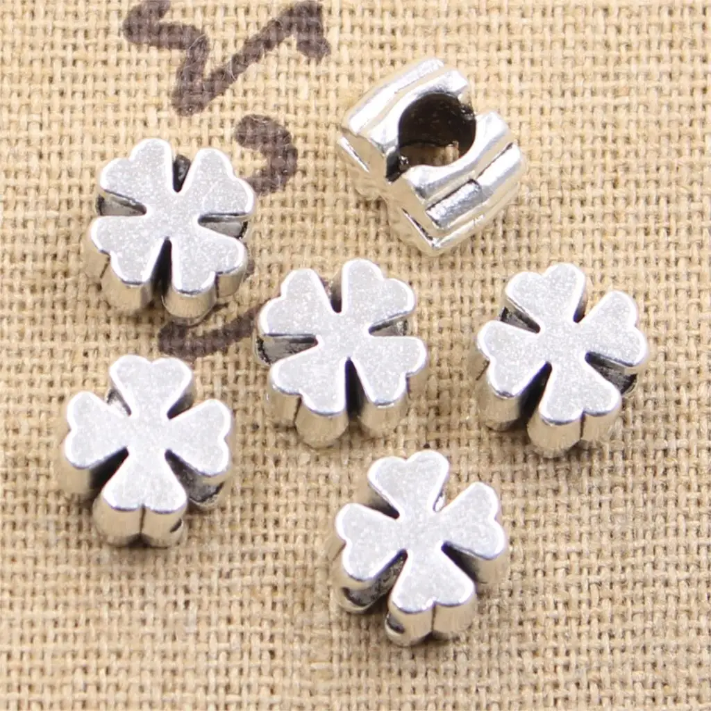 6pcs 10x10x7mm Cross Clover 4mm Big Hole Bead Charm Fits Antique Silver Color Charm Bracelets Wholesale