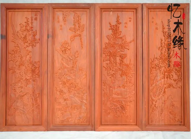 Dongyang rosewood rosewood wood carving Pendant four seasons screen hanging wall mural background