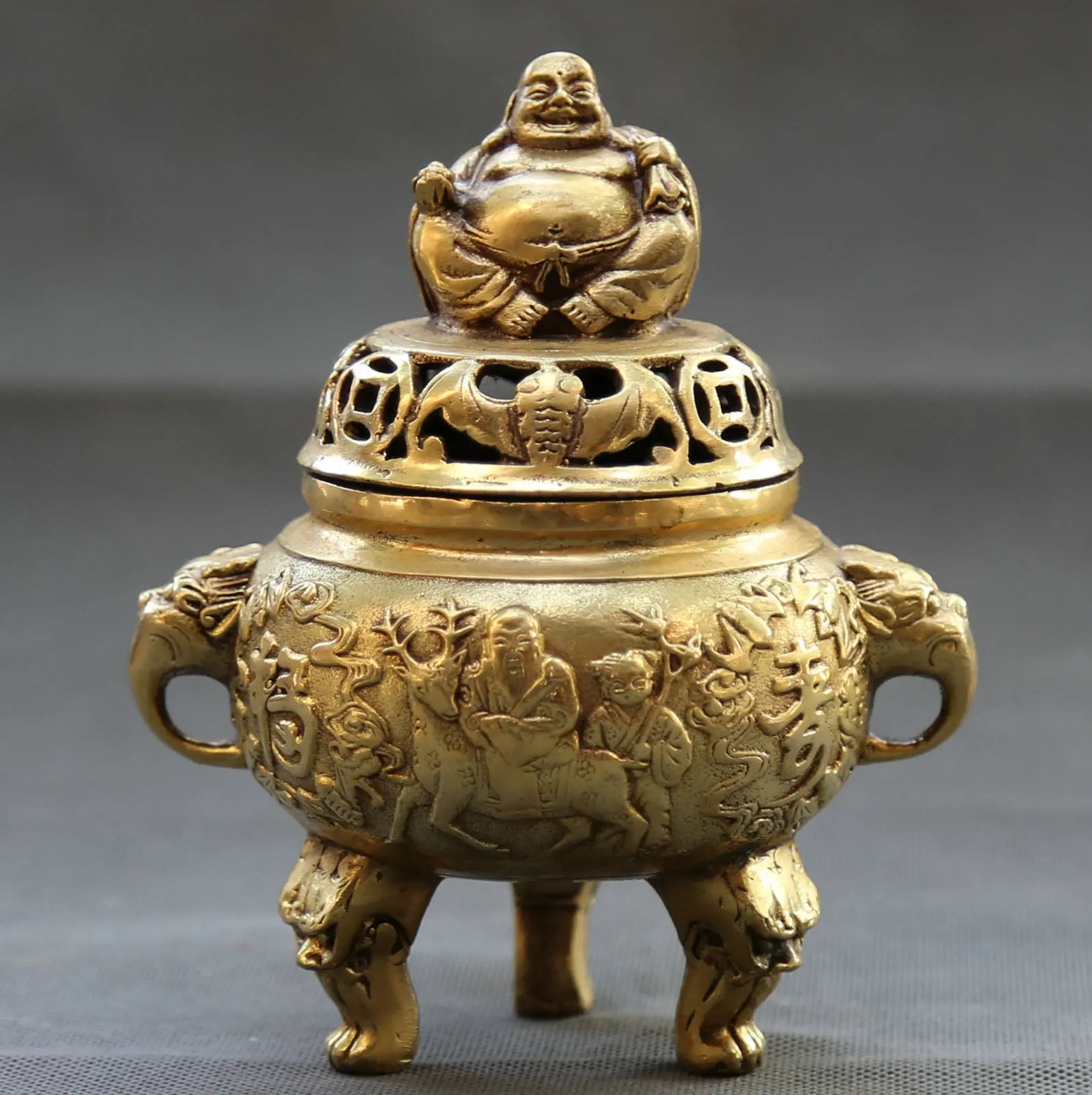 

Collection Chinese Bronze Buddhism Happy Maitreya Buddha Longevity God Incense Burner Censer