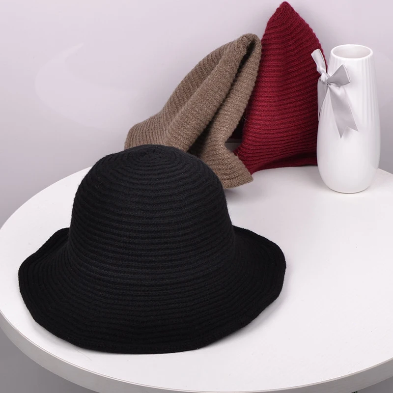 2019 Summer Women Hat Cotton Korea Style Wave Brim Knitted Hat for Women Packable Panama Hat Solid Plain Ladies Bucket Hat Cap