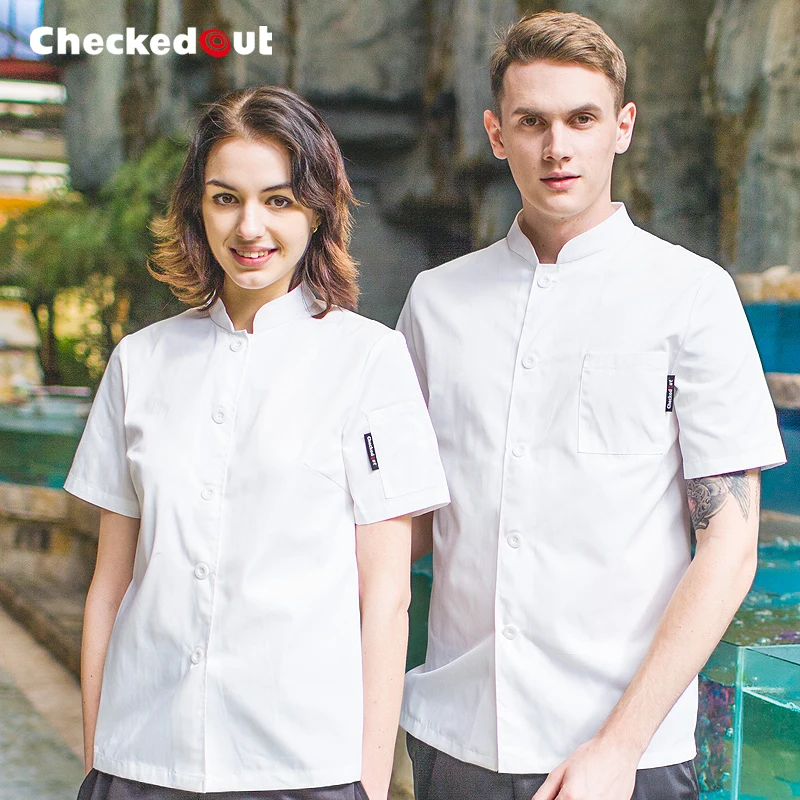 Jaqueta de trabalho de chef, uniforme de chef, feminino, manga curta, verão, respirável, roupa de chef ocidental, de cozinha, restaurante, hotel