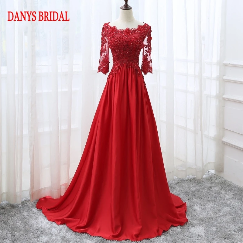 Red Long Sleeve Lace Evening Dresses Party Satin Women Prom Beaded Formal Evening Gowns Dresses robe de soiree longue