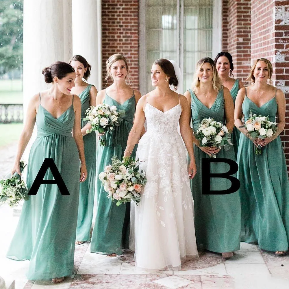 2019 Light Green Chiffon Long Bridesmaid Dresses A Line Spaghetti Sleeveless V Neck Floor Length Summer Garden Beach Maid Of Ho