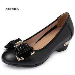 HOT 2023 New Spring Rhinestone Bow Women Fashion Shoes Single Comfortable Soft Genuine Leather Shoes Mid Heel Sandals Plus Size