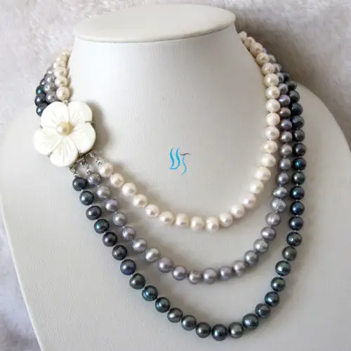

7-8mm 3Row Freshwater Pearl Necklace white gray peacock Jewelry