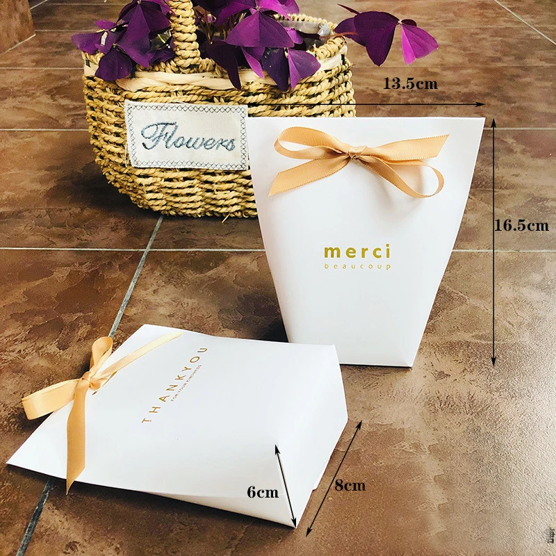 5/20/50pcs White Kraft Black Bronzing French Merci Thank You Wedding Party Christmas Favor Gift Candy Box Paper Bag With Ribbon