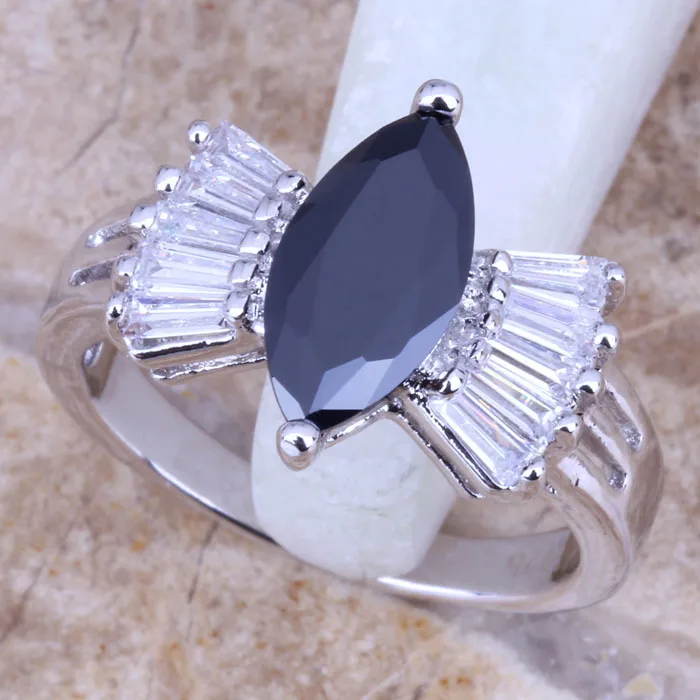 Enjoyable Black Cubic Zirconia White CZ Silver Plated  Women's Jewelry Ring Size 6 / 7 / 8 / 9 R0529