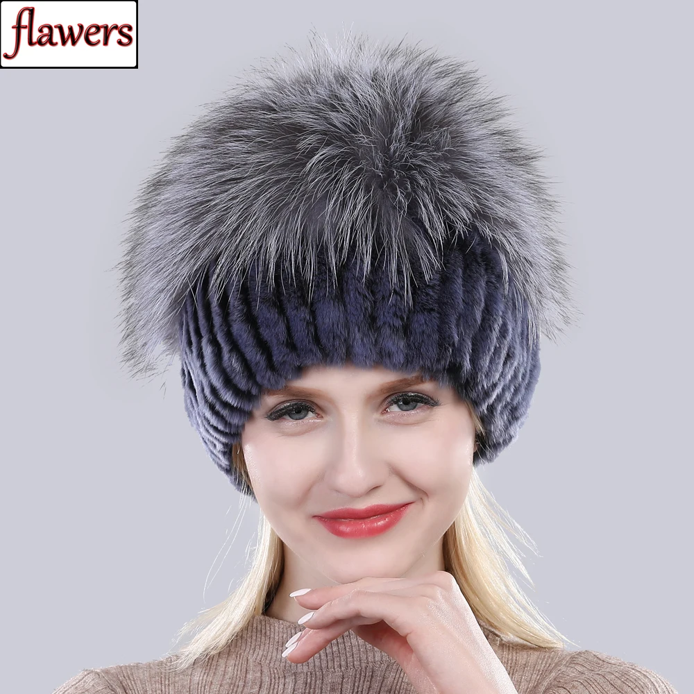 Good Elastic Natural Fluffy Silver Fox Fur Hat New Winter Women Knitted Real Rex Rabbit Fur Hats Lady Real Fur Cap Wholesale