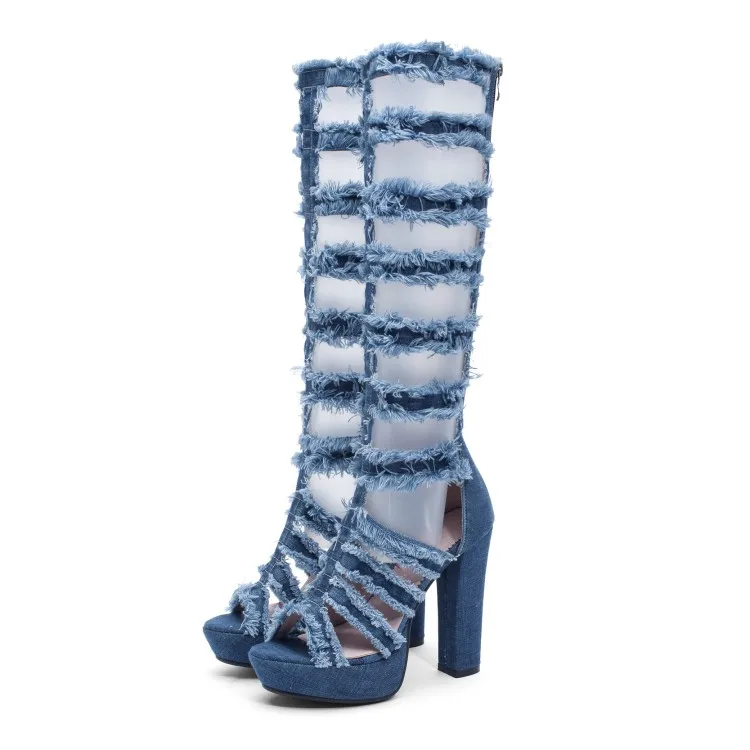 

Sexy Ladies Summer Denim Strap Sandals Boots Gladiator Platform Chunky High Heel Knee High Boots Peep Toe Cowboy Botas Zapatos