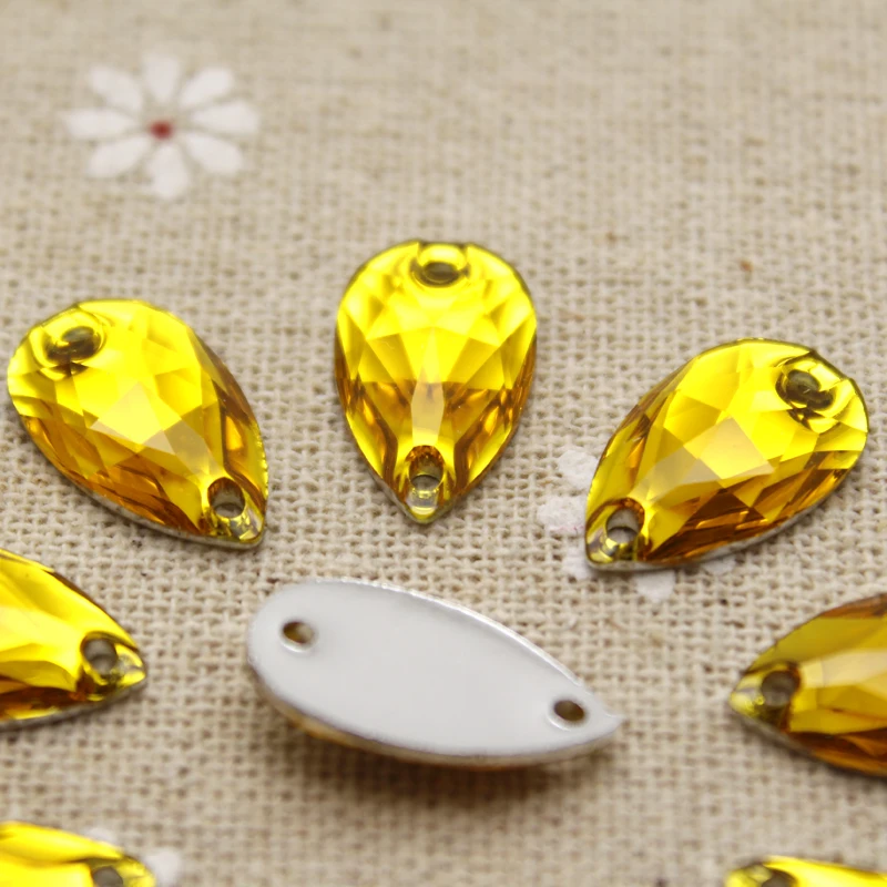 100pcs 10.5*18mm  Sew on Rhinestones Gold Yellow Waterdrop jewelry findings Resin Flatback Sewing Crystal 2 holes For Garment