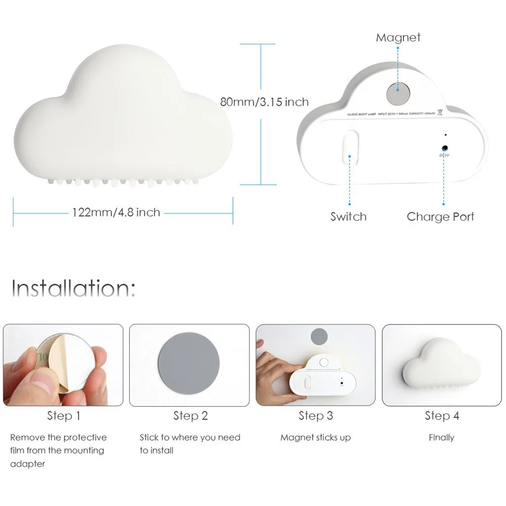 USB Rechargeable Sound Control Touch Sensor Cloud Shape LED Night Light For Child Bedroom Kids Baby Nursery Infant Toddlers