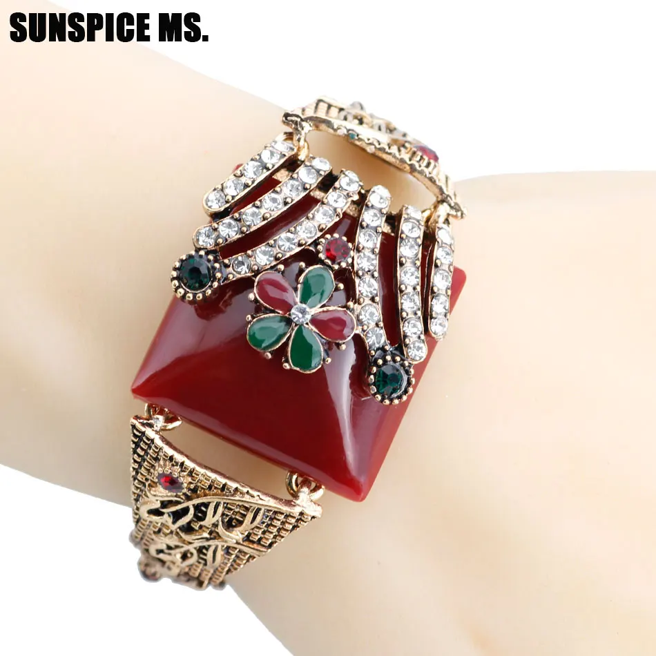 Exquisite Turkish Red Resin Retro Bangle Vintage Cuff Bracelet For Women Antique Gold Color Boho Wedding Jewelry Spring Opening