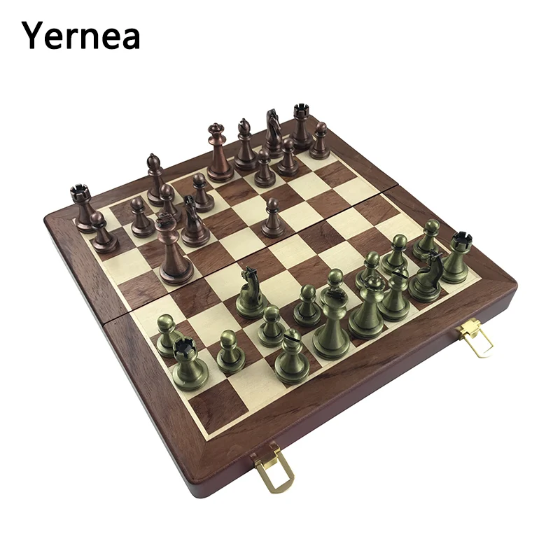 

Yernea High-end Wooden Folding Chessboard Retro Metal Alloy Chess Pieces Chess Game Set 30*30*2.7cm Chessboard Friends Gift