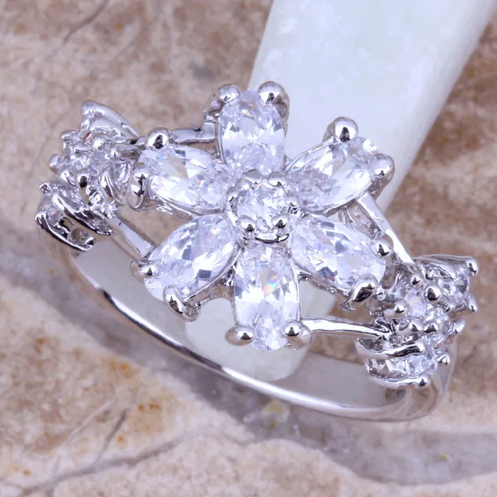 Glittering White CZ Silver Plated Stamped Flower Ring Size 6 / 7 / 8 / 9 R0169