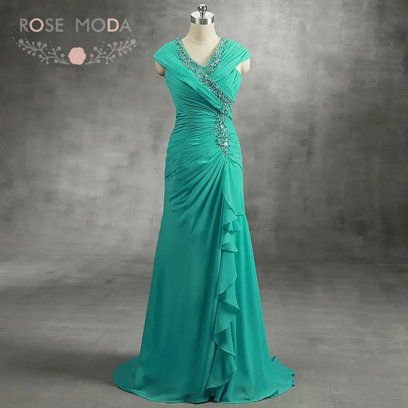 Rose Moda Stunning V Neck Floor Length Beaded Emerald Green Mother of the Bride Dress Real Photos