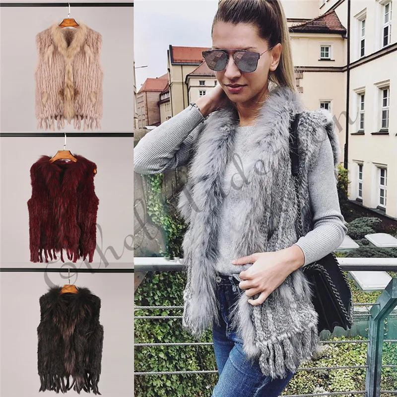 Ethel Anderson จริงขนสัตว์ Gilet เสื้อกั๊กคุณภาพดีถักกระต่ายจริงเสื้อกั๊กขนพู่ Raccoon Fur Collar เสื้อขายส่ง