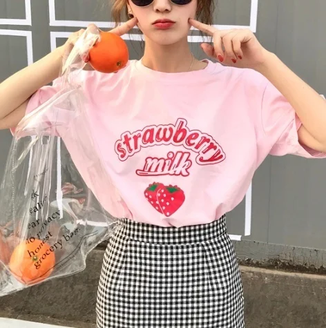 sunfiz YF Strawberry Milk T Shirt Tops Women Summer Korean Fashion Ulzzang Tshirt Schoolgirl Streetwear Cute Clothes