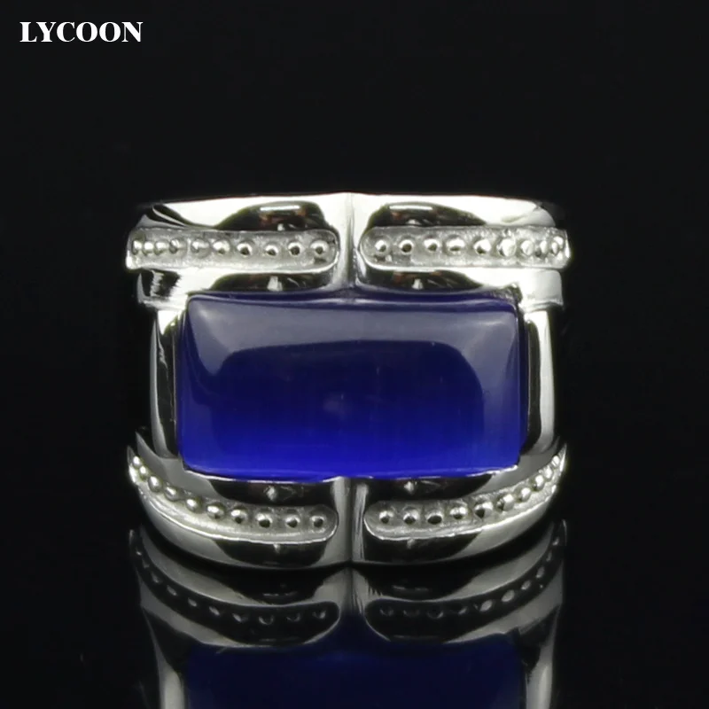 LYCOON Wholesale and retail 316 L Stainless steel opals Ring Fashion luxury blue cat eye ring in silver color for women