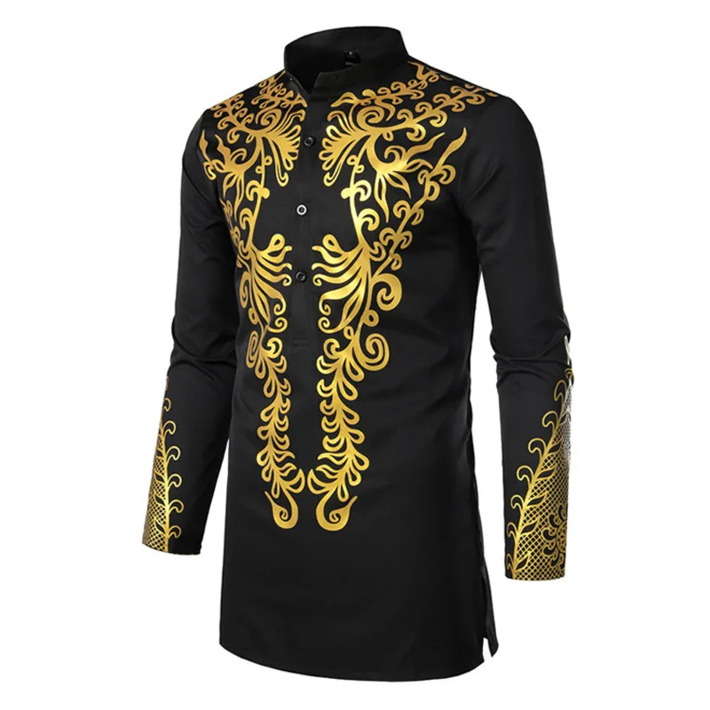 Muslim Blouse Fashion Bronzing Shirts Talit Novelty Gilding Shirts Islam Leisure Pullover Long Sleeve Moslim Kaftan Clothing Men