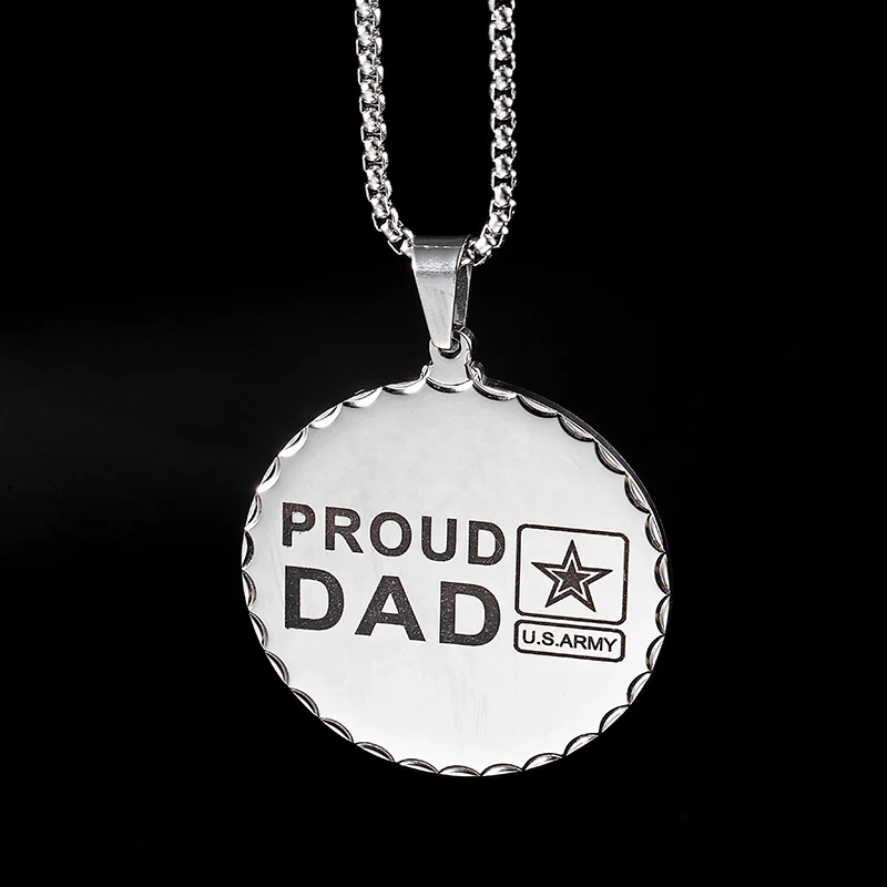 Black Stainless Steel Military Us Army Proud Dad and Mom Necklace Pendant Round Dog Tag Jewelry