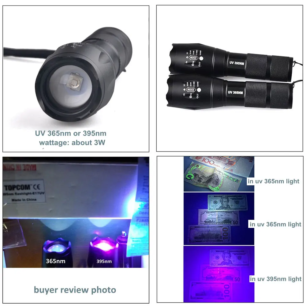 TMWT Ultraviolet 365nM 395nM Flashlight 4W Power LED Aluminum Zoom UV Light Blacklight Torch For Fluorescence Detection