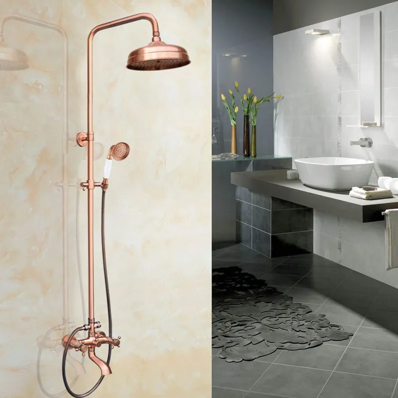 8 Inch Rain Shower Head Vintage Retro Red Antique Copper Bathroom Wall Mount Rainfall Handshower Shower Set arg514
