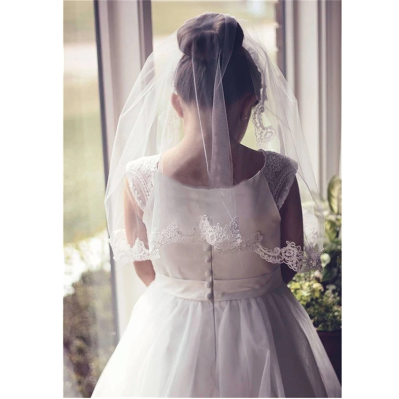 Ishsy Bruiloft Bloem Meisjes Eerste Communie Veils Kinderen Kids Applique Edge Tulle Veil Voile Fille Mariage Velo De Novia