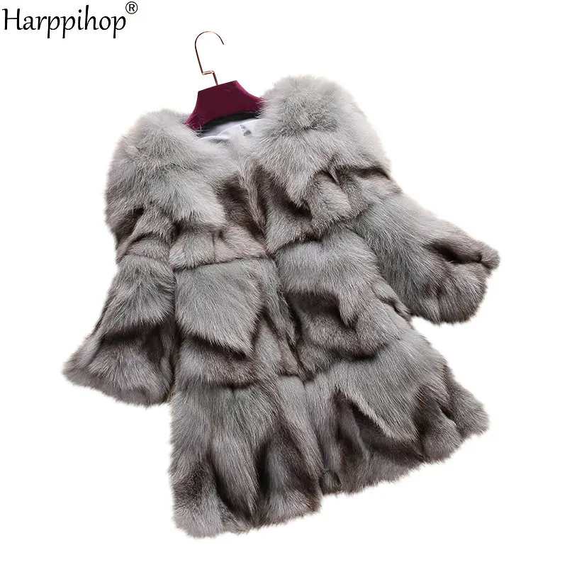 Real natural genuine fox fur coat women fashion three quarter sleeve jacket ladies overcoat